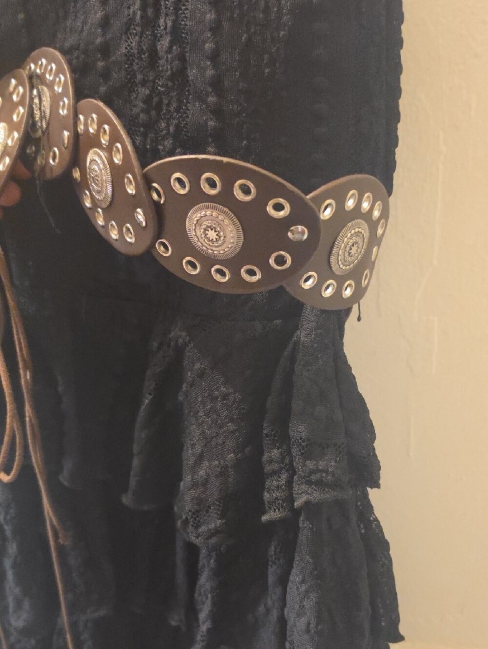 Black Tiered Lace Slip Dress with Decorative Belt - Picture 4 of 5